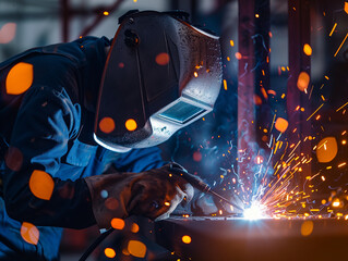 Welder in Action at an Industrial Site. An experienced welder performs a complex task of joining metal parts. Sparks fly in all directions from the point of contact, where the metal melts and fuses.
 - obrazy, fototapety, plakaty