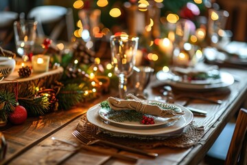Christmas Feast: Festive Table Setting with Dinnerware, Cutlery, and Decorations