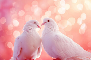 two doves look at each other, birds of peace, goodness and love, on an abstract pink background with bokeh, empty space for text, for a banner - obrazy, fototapety, plakaty