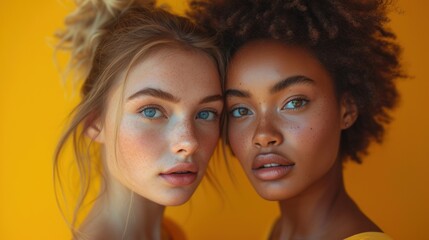 Obraz premium Two Smiling Women with Blue Eyes., Golden Background and Two Beautiful Girls., Bonding Moments: Two Young Ladies Posing Together., Friendship Portrait: Two Pretty Teens with Blue Eyes..