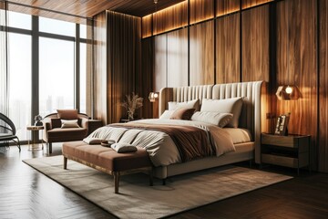 Contemporary Luxury: Elegant Upholstery and Tasteful Wood Decor in a Spacious Bedchamber