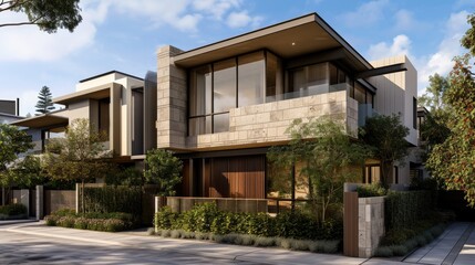 Contemporary Double Storey Row House Facade Incorporating Natural Design Elements
