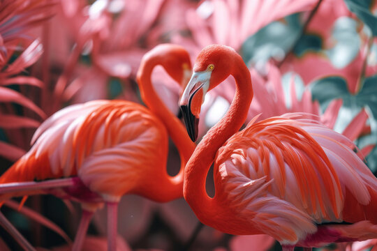 pink flamingo, in bright plumage, bird in a flock, close-up