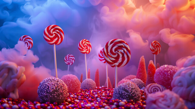 Candyland Dreamscape with Lollipops and Sunset Sky