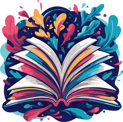 Open magic book vector illustration flying leaves flat design