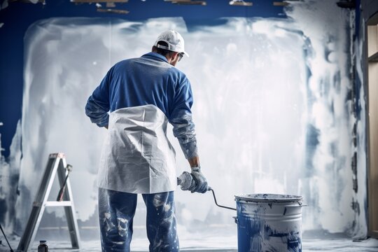 a dedicated painter is depicted in the midst of their task, utilizing tools like a roller, bucket, and scale, providing a blank canvas for copy or design elements.