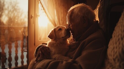 A serene image capturing a quiet moment between an elderly person in a wheelchair and a dog looking at a sunset through a window - 748870335
