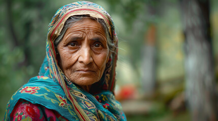 Elderly woman with a calm and thoughtful expression, wearing a vibrant headscarf - obrazy, fototapety, plakaty