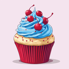 Sweet cupcake with blue cream and cherries illustration vector