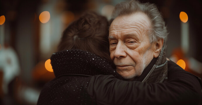 Embracing each other and crying. people visiting cemetery with many crosses. Conception of funeral and death.