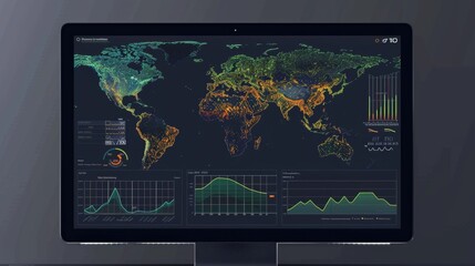 Digital world map with graphs and information computer monitor screen. Analyzing global climate change information. Generative ai