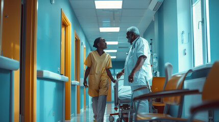 In this image, a doctor and nurse are captured in a candid moment walking through a brightly lit hospital corridor, discussing patient care