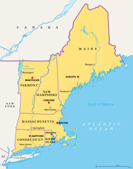 New England, a region of the United States, political map. Maine, Vermont, New Hampshire, Massachusetts, Rhode Island and Connecticut with Capitals. Bordered by the Mid-Atlantic region and by Canada.