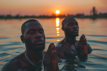 men taking ritual bath in the river in early morning - obrazy, fototapety, plakaty