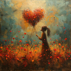 Liebe im Blütenmeer: Grafik eines Mädchens mit roten Blumen und Herzluftballon