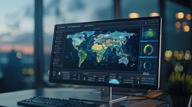 World map on a computer monitor screen. Generative ai - Powered by Adobe