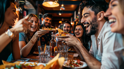 A lively scene of young friends sharing food and laughing around a restaurant table