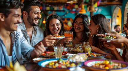 Group of friends laughing and sharing food together in a vibrantly decorated restaurant, enjoying a social gathering