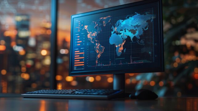 Computer monitor with world map, global business, or global warming climate change monitoring system. Generative ai