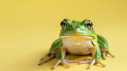Deurstickers Green frog against yellow background. © nilanka