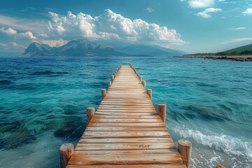 A serene seascape showcasing a wooden pier leading towards the horizon with mountains and clouds in...