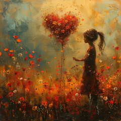 Mädchen mit Herzluftballon: Fröhliche Illustration mit Blumenwiese