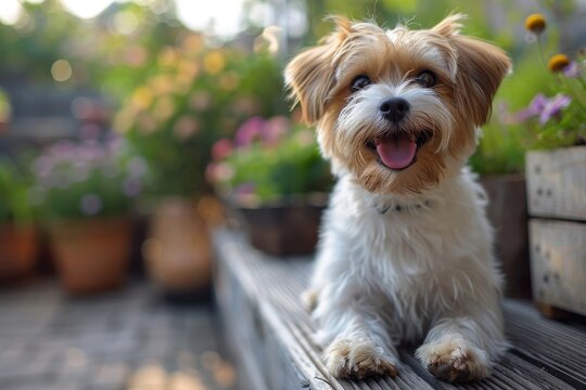 Close-up of a happy small dog with a blurry background of a garden, showcasing the pet in a serene natural setting