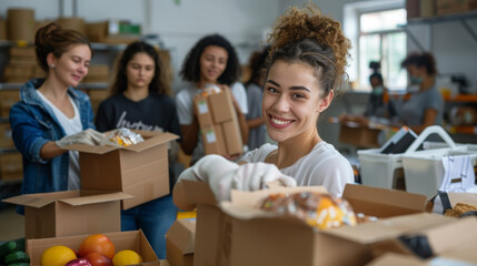 A charismatic female volunteer packing food items in a food bank, representing dedication and charity
