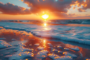 A breathtaking sunset over a sea with gentle foamy waves lapping the shore, creating a sense of peace and the infinite nature of time - obrazy, fototapety, plakaty