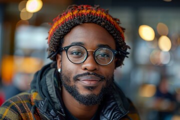 Confident smiling man wearing a beanie hat and glasses in an indoor setting - obrazy, fototapety, plakaty