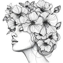 Woman head with flowers composition. Handdrawn vector