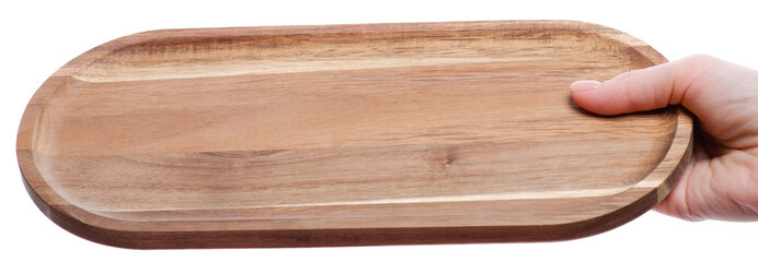 Wooden plank dish in hand on white background isolation