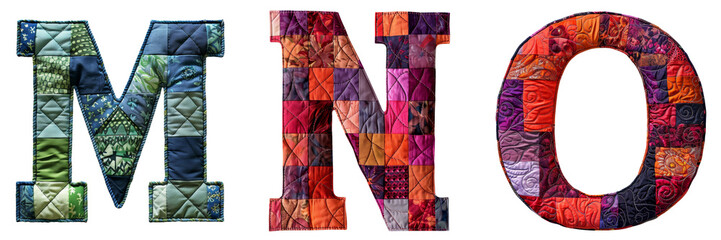 Quilted Patch Letters M-N-O Isolated on Transparent or White Background, PNG