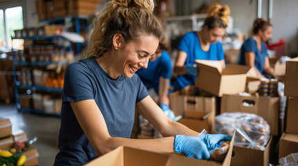 A dedicated volunteer organizes boxes of food donations in a warehouse preparing for distribution