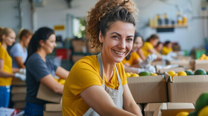 A cheerful woman with curly hair is seen packing oranges in a busy warehouse - obrazy, fototapety, plakaty