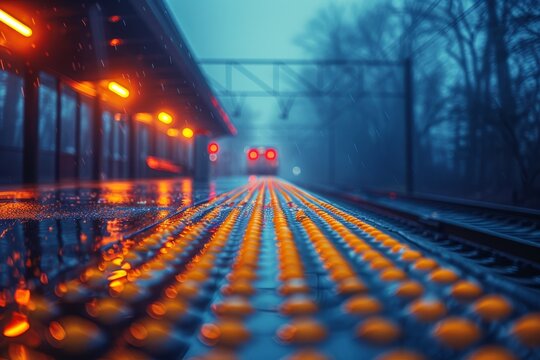 Atmospheric evening view of shimmering raindrops on train tracks, leading to a glowing red signal under an industrial overpass