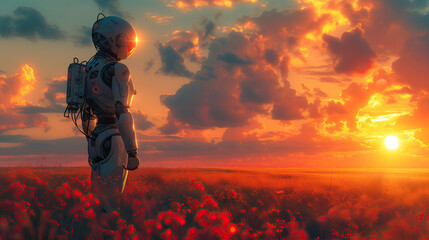 Android robot standing in the poppies field and looking on the sunset,concept  background with copy space - obrazy, fototapety, plakaty