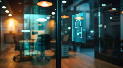 Smart lock symbol on the office glass door. Office premise entrance security unlocks by touch fingerprint scan system. Generative ai