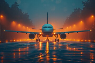An impressive commercial airplane sits at the foggy runway, creating a dramatic and cinematic atmosphere with vivid lights - obrazy, fototapety, plakaty
