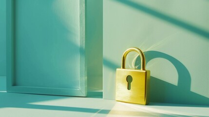 Fototapeta premium Padlock symbol with keyhole by the slightly opened door, unlocking the door concept. Generative ai