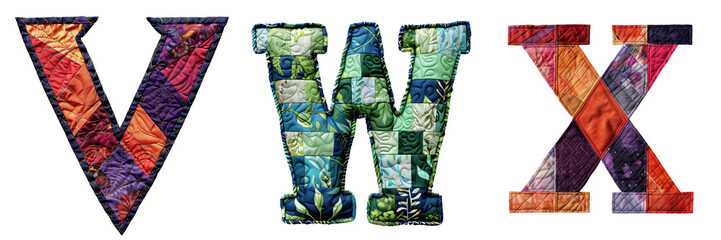 Quilted Patch Letters V W X Isolated on Transparent or White Background, PNG