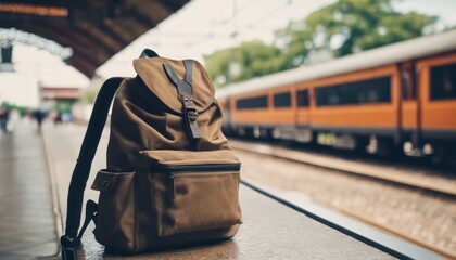 Fototapeta na wymiar Backpack and hat at the train station with a traveler. Travel concept