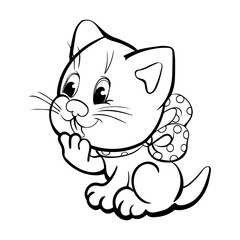 Сute little kitten in fashion bow sits and licks his paw cartoon vector illustration Vector.Eps 10. 