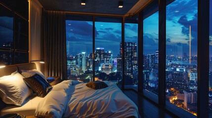 A hotel room with a large bed with a back wall of glass over looking the night city sky  