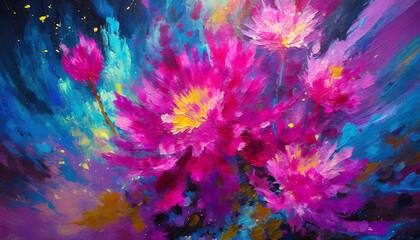 Exploding photon flowers. acrylic paints. Background for the photon
