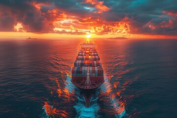 Majestic container ship heads toward the horizon under a fiery sunset sky, symbolizing global trade and transport - obrazy, fototapety, plakaty