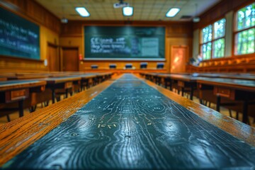 A wide-angle shot of an old-school classroom with focus on the textured wooden surface, empty seats, and a chalkboard - obrazy, fototapety, plakaty