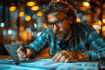 A creative individual is deeply focused on sketching designs in a dimly lit, atmospheric bar with a dynamic background - obrazy, fototapety, plakaty