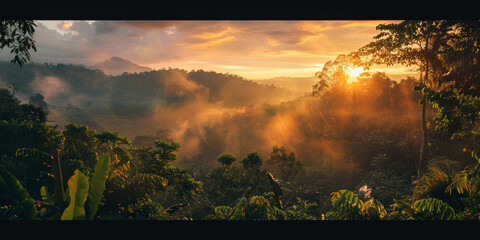 The sun rises, piercing through the mist and illuminating the deep greenery of an expansive tropical rainforest