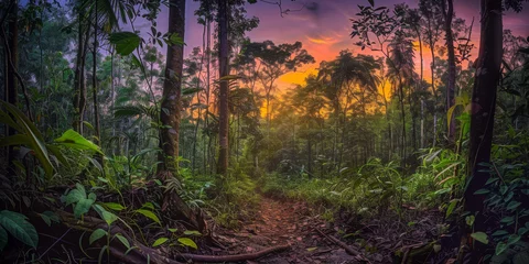 Gardinen A magical view of an enchanting forest path as the sun sets, casting a warm, golden glow through the trees © Daniel